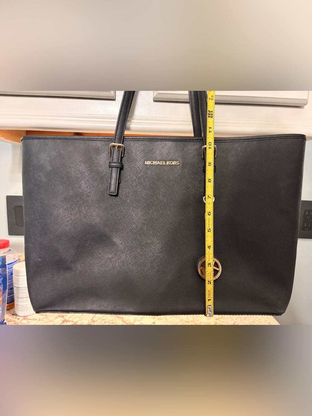 Michael Kors Black Leather Tote with Gold MK Charm - Picture 10 of 13